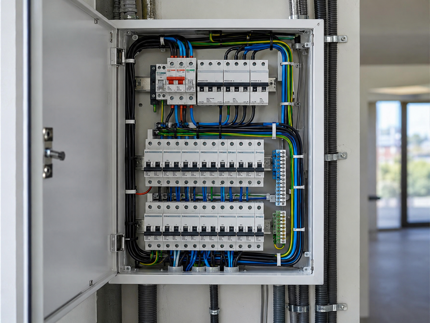 Quadro de distribuição elétrica com disjuntores e cabeamento organizado