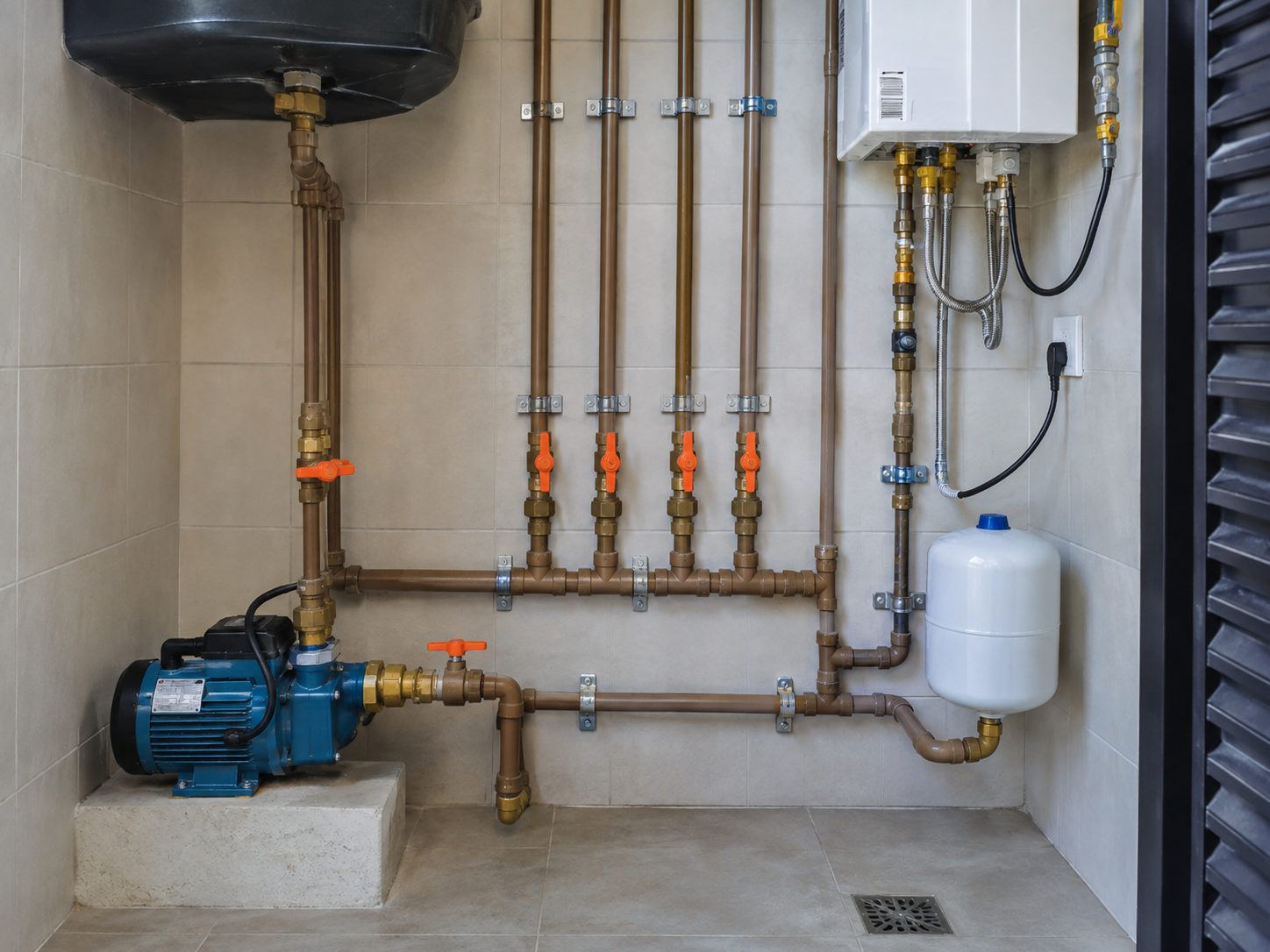 Instalação hidráulica com tubulações, registros, bomba e aquecedor de água