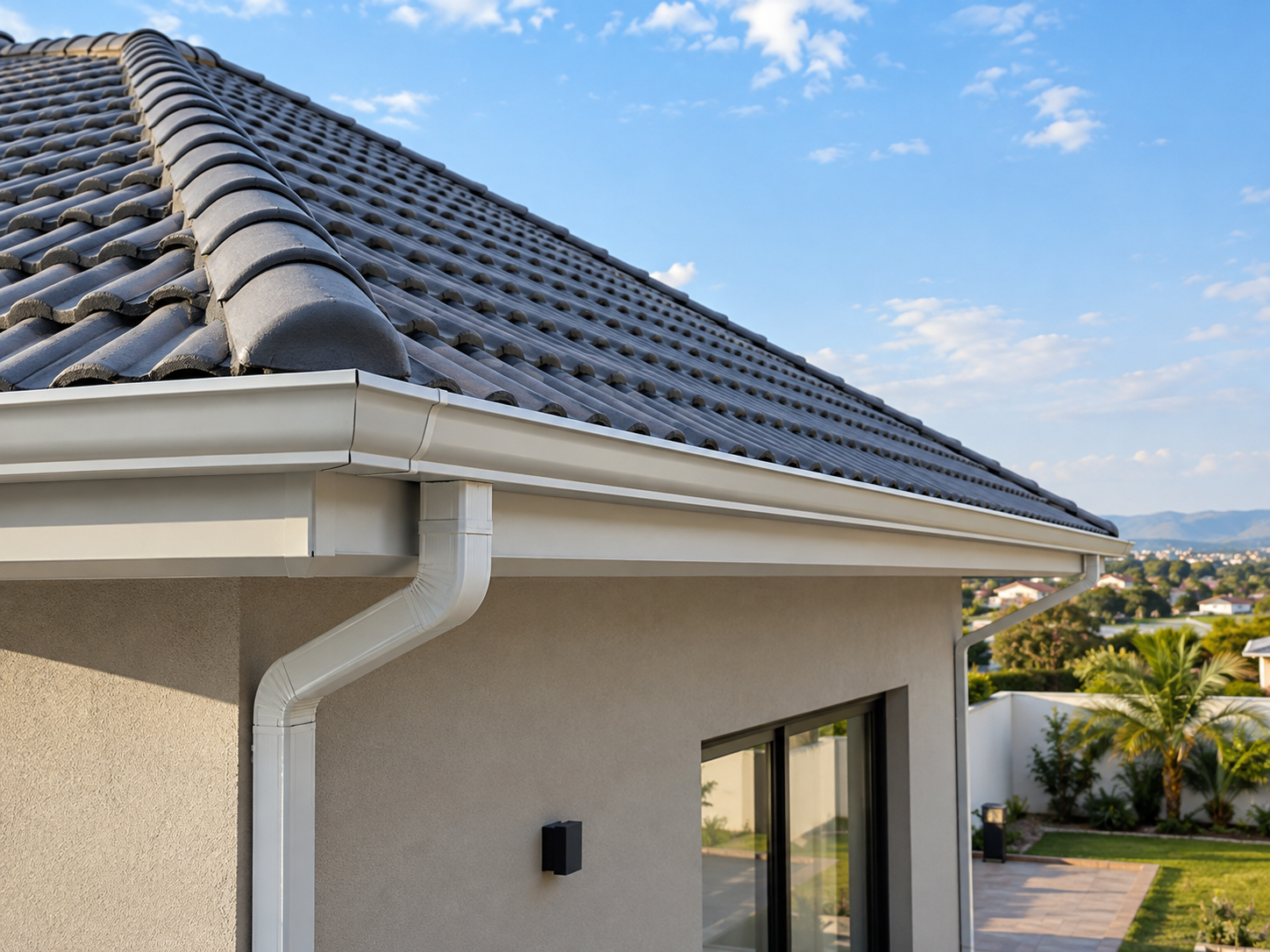 Telhado de telhas cerâmicas com calha e condutor de água instalados